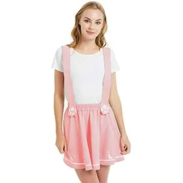 futurino Women's Sweet Cat Paw Embroidery Pleated Mini Skirt with 2 Suspender (XS/S, Pink)