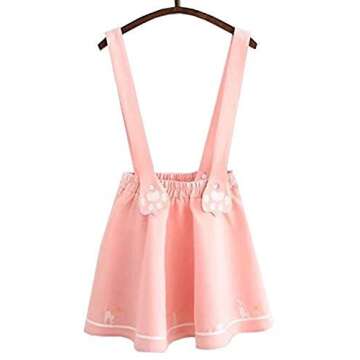 futurino Women's Sweet Cat Paw Embroidery Pleated Mini Skirt with 2 Suspender (XS/S, Pink)