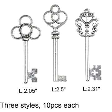Mixed Set of 30 Large Skeleton Keys in Antique Silver - Set of 30 Keys (Silver Color)
