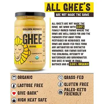 Organic Ghee Butter Grass Fed Clarified – 16 Oz Ghee Butter – Unsalted Butter Certified Organic Ghee Oil – Perfect for Paleo, Keto, Lactose & Gluten Free Diet