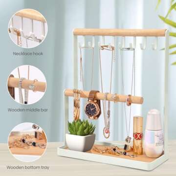 Portin Jewelry Organizer Display Stand Holder with Wooden Ring Tray and Hooks Storage Necklaces Bracelets, Rings, Watches Metal Desk Organizer Stand