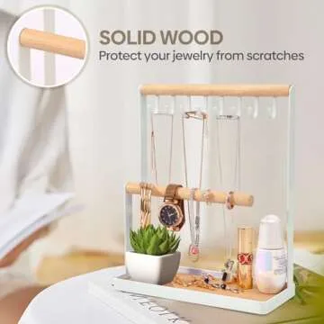 Portin Jewelry Organizer with Wooden Tray and Hooks