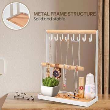 Portin Jewelry Organizer Display Stand Holder with Wooden Ring Tray and Hooks Storage Necklaces Bracelets, Rings, Watches Metal Desk Organizer Stand