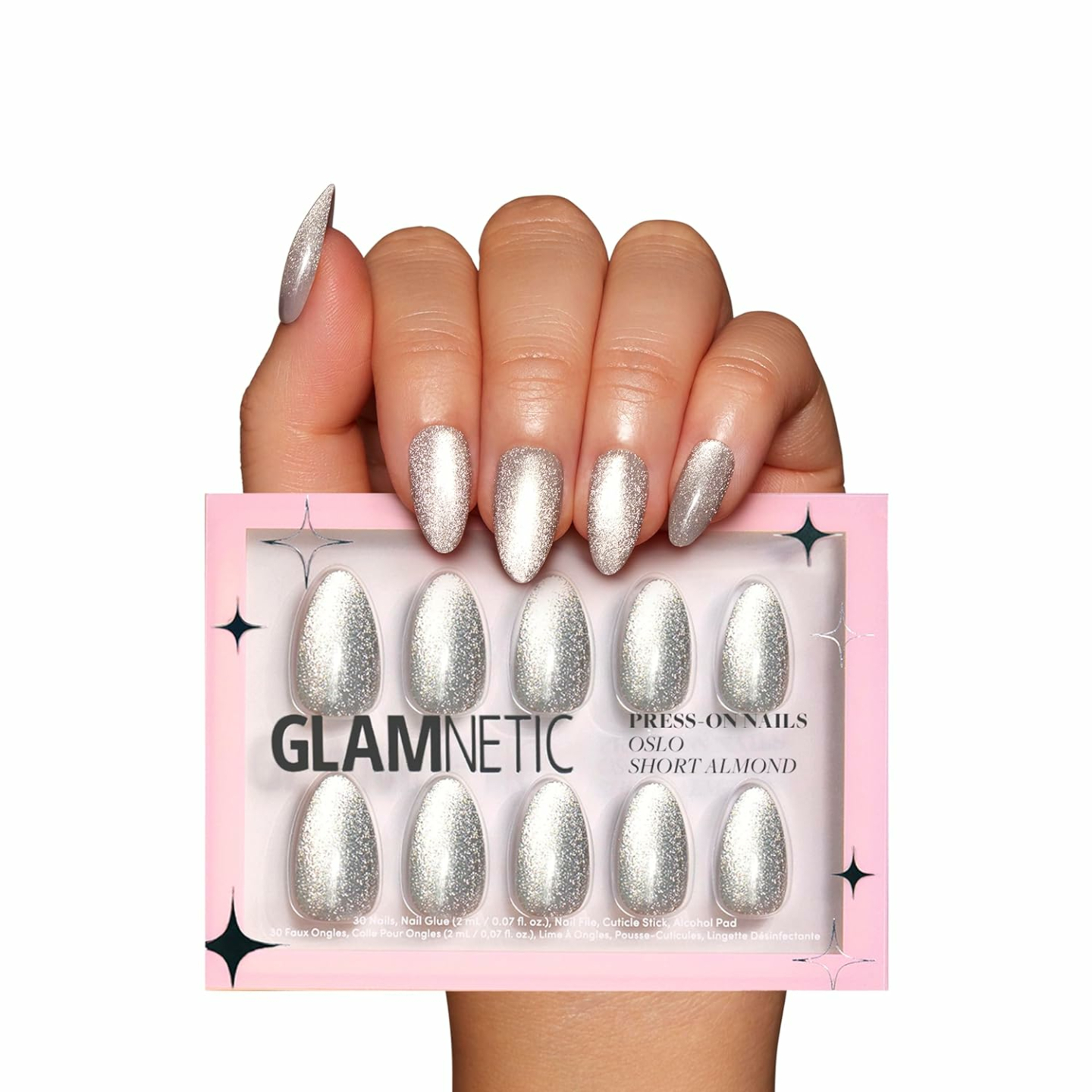 Glamnetic Oslo Short Almond Silver Shimmer Nails