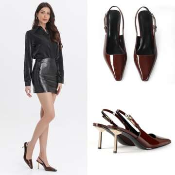 iiimmu Slingback Heels for Women Square Toe 3.5 in High Heels Burgundy Pumps for Women Closed Toe Dress Shoes, Size 10