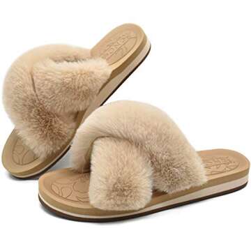 ONCAI Womens House Slippers, Plantar Fasciitis Arch Support Fluffy Faux Fur Criss Cross Indoor Outdoor Shoes with Orthotic Yoga Mat