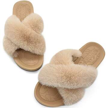 ONCAI Womens House Slippers, Plantar Fasciitis Arch Support Fluffy Faux Fur Criss Cross Indoor Outdoor Shoes with Orthotic Yoga Mat