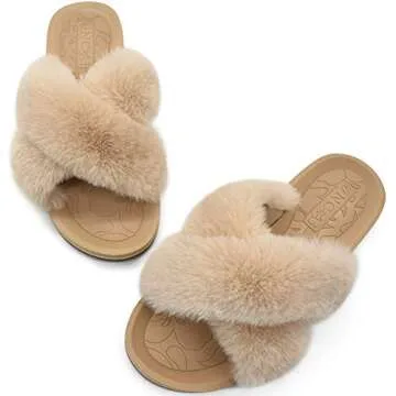 ONCAI Womens House Slippers, Plantar Fasciitis Arch Support Fluffy Faux Fur Criss Cross Indoor Outdoor Shoes with Orthotic Yoga Mat