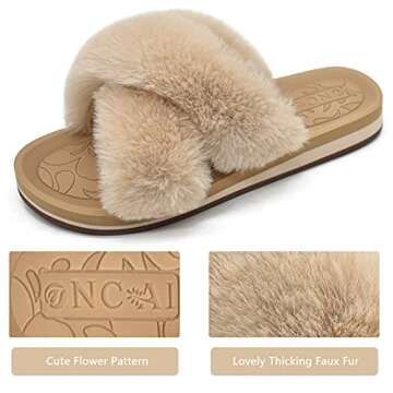 ONCAI Womens House Slippers, Plantar Fasciitis Arch Support Fluffy Faux Fur Criss Cross Indoor Outdoor Shoes with Orthotic Yoga Mat