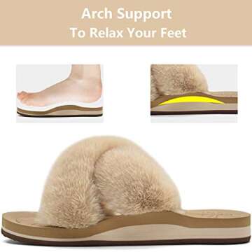 ONCAI Womens House Slippers, Plantar Fasciitis Arch Support Fluffy Faux Fur Criss Cross Indoor Outdoor Shoes with Orthotic Yoga Mat