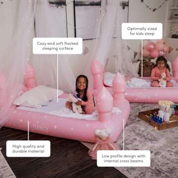 FUNBOY Kids Pink Castle Sleepover Travel Bed & Air Mattress. Perfect for Sleepovers. Includes Carrying Storage Bag, Twin