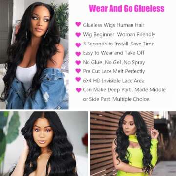 Anyweek 6x4 Wear and Go Glueless Wig 28inch Glueless Wigs Human Hair Pre Plucked Pre Cut HD Lace Clo...