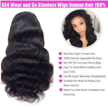 Anyweek 6x4 Wear and Go Glueless Wig 28inch Glueless Wigs Human Hair Pre Plucked Pre Cut HD Lace Closure Wigs Human Hair 180% Density Body Wave Lace Front Wig