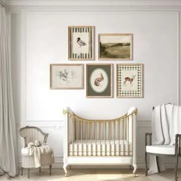 Vintage Nursery Wall Art Kids Canvas Poster Baby Boy Room Wall Decor Green Rabbit Wall Art Bunny Bird Prints Deer Picture Farmhouse Painting Nursery Artwork for Bedroom 8x10 Inch Unframed Set of 5