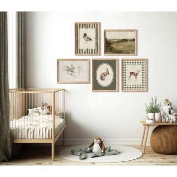 Vintage Nursery Wall Art Kids Canvas Poster Baby Boy Room Wall Decor Green Rabbit Wall Art Bunny Bird Prints Deer Picture Farmhouse Painting Nursery Artwork for Bedroom 8x10 Inch Unframed Set of 5