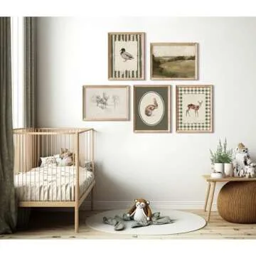 Vintage Nursery Wall Art Kids Canvas Poster Baby Boy Room Wall Decor Green Rabbit Wall Art Bunny Bird Prints Deer Picture Farmhouse Painting Nursery Artwork for Bedroom 8x10 Inch Unframed Set of 5