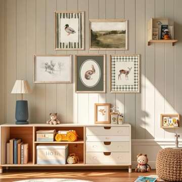 Vintage Nursery Wall Art Kids Canvas Poster Baby Boy Room Wall Decor Green Rabbit Wall Art Bunny Bird Prints Deer Picture Farmhouse Painting Nursery Artwork for Bedroom 8x10 Inch Unframed Set of 5