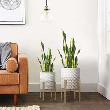 Oakrain Mid Century Planters for Indoor Plants, Set of 2, Modern Decorative Metal Pots for Living Room, Office, Garden or Balcony, Gray and White Gradient Planter with Stand, 8 inch&10 inch