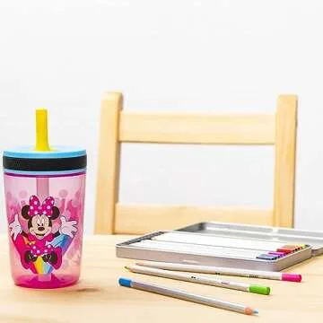 Zak Designs Disney Kelso Tumbler 15 oz Set (Minnie Mouse) Leak-Proof Screw-On Lid with Straw, Made of Durable Plastic and Silicone, Perfect Bundle for Toddlers, Kids