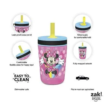Zak Designs Disney Kelso Tumbler 15 oz Set (Minnie Mouse) Leak-Proof Screw-On Lid with Straw, Made of Durable Plastic and Silicone, Perfect Bundle for Toddlers, Kids