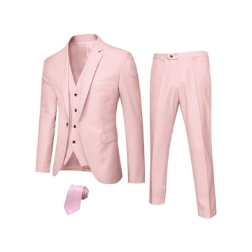Hihawk Men's 3 Piece Suit with Stretch Fabric - Slim Fit Blazer Set in Light Pink