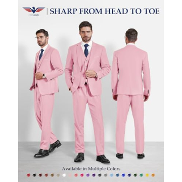 Hihawk Men's Slim Fit 3 Piece Suit with Tie - Light Pink