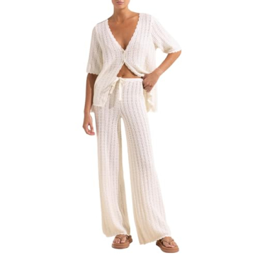 Imily Bela Women's Summer 2 Piece Swimsuit Cover up Crochet Knit Cardigan Tops Long Pants Set Bathin...