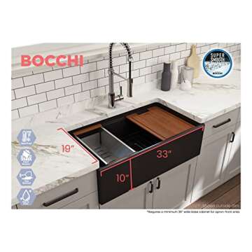 BOCCHI Contempo Workstation Apron Front Step Rim Fireclay 33 in. Single Bowl Kitchen Sink with Acces...
