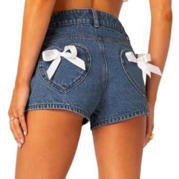 Women Y2K Denim Shorts with Bow Pockets - Low Rise Cargo Jean Shorts