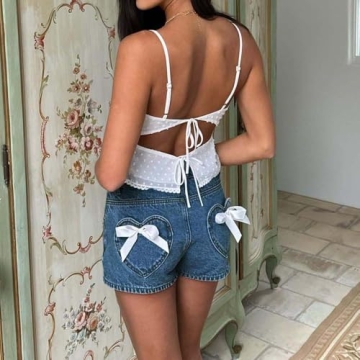 Chic Women Y2K Denim Shorts with Bow Pockets