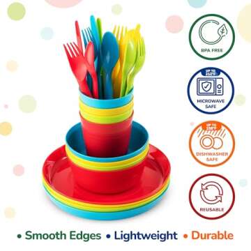 PLASKIDY Kids Plastic Dinnerware Set - 36 Pc Reusable Children's Dinner Set Microwave/Dishwasher Safe BPA Free Toddler Dishes Dinnerware Set Includes Kids Plates and Bowls Kids Cups & Flatware.
