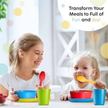 PLASKIDY Kids Plastic Dinnerware Set - 36 Pc Reusable Children's Dinner Set Microwave/Dishwasher Safe BPA Free Toddler Dishes Dinnerware Set Includes Kids Plates and Bowls Kids Cups & Flatware.