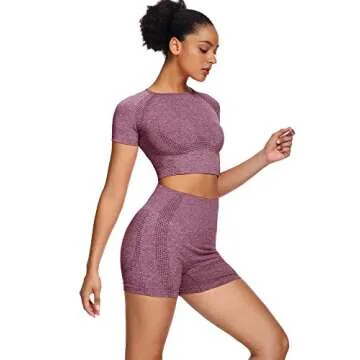 Sytiz Women Seamless Yoga Outfits 2 Piece Set Workout Gym Shorts + Short Sleeve Crop Top (Wine, s)