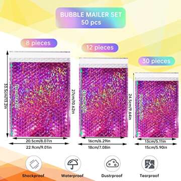 50 Pcs Metallic Bubble Mailers,Holographic Bubble Mailers,Poly Padded Envelopes,Waterproof Self Seal...