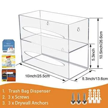SEANADO Trash Bag Dispenser Holder, 2 Compartment Wall Mount Acrylic Kitchen Double Side Loaded Organizer Storage Box Holder for Garbage Bag Grocery Bag Plastic Bag(10 x 4.7X 8inches)