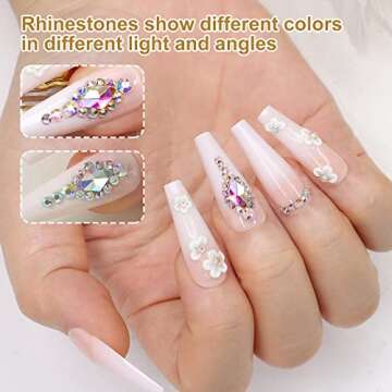 morily French Tip Press on Nails 24Pcs Acrylic False Nails with 3D White Flower and Rhinestones Design Extra Long Coffin Fake Nail Art Luxury Artificial Full Cover Stick on Nail for Women (Ombre Pink)