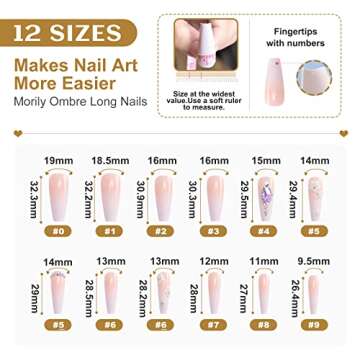 morily French Tip Press on Nails 24Pcs Acrylic False Nails with 3D White Flower and Rhinestones Design Extra Long Coffin Fake Nail Art Luxury Artificial Full Cover Stick on Nail for Women (Ombre Pink)