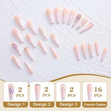 morily French Tip Press on Nails 24Pcs Acrylic False Nails with 3D White Flower and Rhinestones Design Extra Long Coffin Fake Nail Art Luxury Artificial Full Cover Stick on Nail for Women (Ombre Pink)