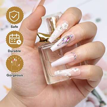 morily French Tip Press on Nails 24Pcs Acrylic False Nails with 3D White Flower and Rhinestones Design Extra Long Coffin Fake Nail Art Luxury Artificial Full Cover Stick on Nail for Women (Ombre Pink)
