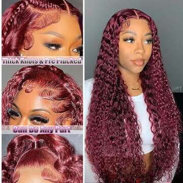 StarXiu 26 Inch 13x4 Burgundy Deep Wave Lace Front Wigs Human Hair Pre Plucked with Baby Hair 180% D...