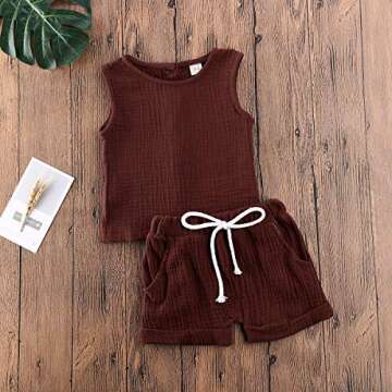 Karuedoo Toddler Baby Girl Cotton Linen Shorts Set Sleeveless Tank Top Vest Drawstring Elastic Waist Shorts Outfit Summer Clothes (A-Brown, 2-3 Years)