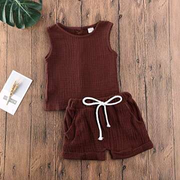 Karuedoo Toddler Baby Girl Cotton Linen Shorts Set Sleeveless Tank Top Vest Drawstring Elastic Waist Shorts Outfit Summer Clothes (A-Brown, 2-3 Years)
