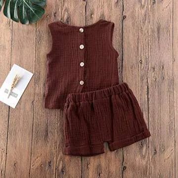 Karuedoo Toddler Baby Girl Cotton Linen Shorts Set Sleeveless Tank Top Vest Drawstring Elastic Waist Shorts Outfit Summer Clothes (A-Brown, 2-3 Years)