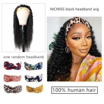 NICMISS Headband Wig Human Hair Deep Wave 16 Inch Curly Headband Wigs for Black Women Human Hair Glueless None Lace Front Wig Brazilian Virgin Hair Wear and Go Wigs 150% Density Natural Black Color