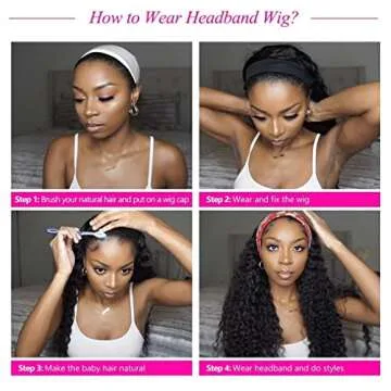 NICMISS Headband Wig Human Hair Deep Wave 16 Inch Curly Headband Wigs for Black Women Human Hair Glueless None Lace Front Wig Brazilian Virgin Hair Wear and Go Wigs 150% Density Natural Black Color