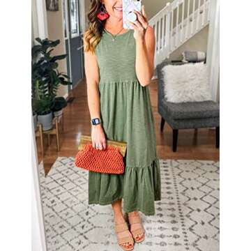 ANRABESS Women Summer Casual Sleeveless Crewneck Sundress Aline Flowy Tiered Maxi Long Beach Dress Vacation Outfits Large Green