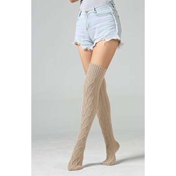SherryDC Women's Cable Knit Boot Stockings Extra Long Thigh High Leg Warmers Winter Floor Socks Beige