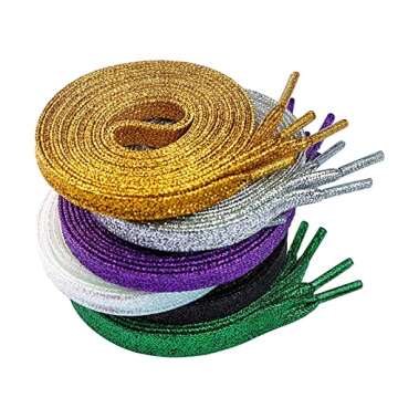 Booyckiy 6 Pairs Glitter Shoe Laces for Sneakers, 47" Flat Shiny Metallic Shoelaces for Canvas Athle...