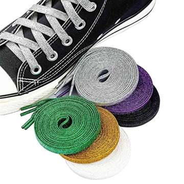 Booyckiy 6 Pairs Glitter Shoe Laces for Sneakers, 47" Flat Shiny Metallic Shoelaces for Canvas Athletic Shoes