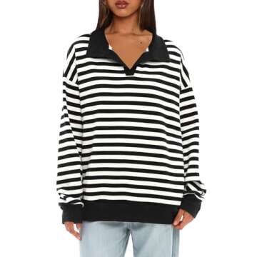Darong Women Oversized Striped Polo Neck Sweatshirt